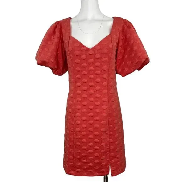 NWT Betsey Johnson Dot Jacquard Puff Sleeve Mini Dress Poppy Large XS - Picture 2 of 9